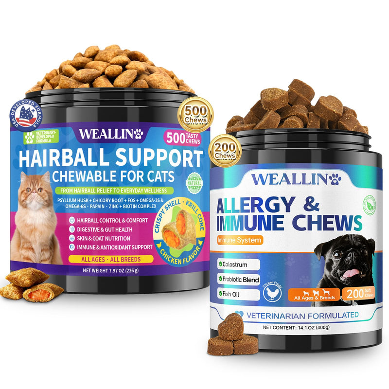 Cat & Dog Hairball and Allergy Relief Chews Bundle, Cat Hairball Support Treats with Krill & Chicken Flavor + Dog Anti-Itch Allergy Soft Chews with Probiotics & Omega 3