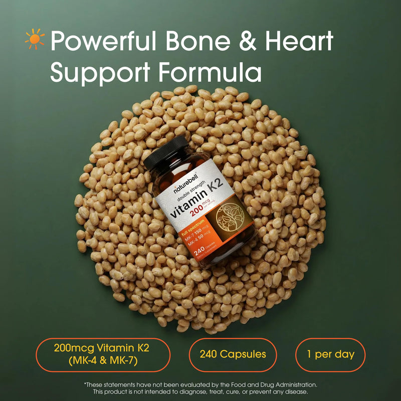 NatureBell Vitamin K2-240 Capsules - 200mcg Double Strength MK-7 & MK-4 Complex - Heart, Bone & Immune Health Support* - Complete K Vitamins Formula