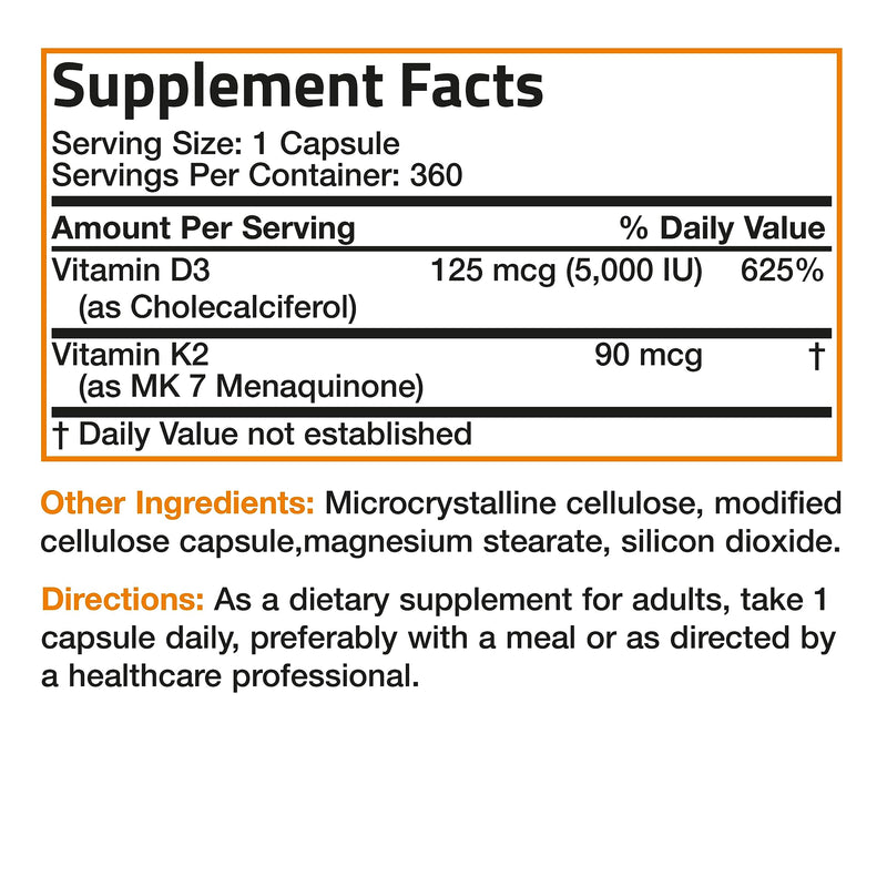 Bronson Vitamin K2 D3 (MK7) Supplement 2-in1 D3 & K2 Complex, 360 Capsules | Bone, Immune & Heart Health Support, Gluten Free, Soy Free, Non-GMO, Vitamin D3 5000IU (125 mcg) & 90 mcg K2 MK-7 360 Count (Pack of 1)