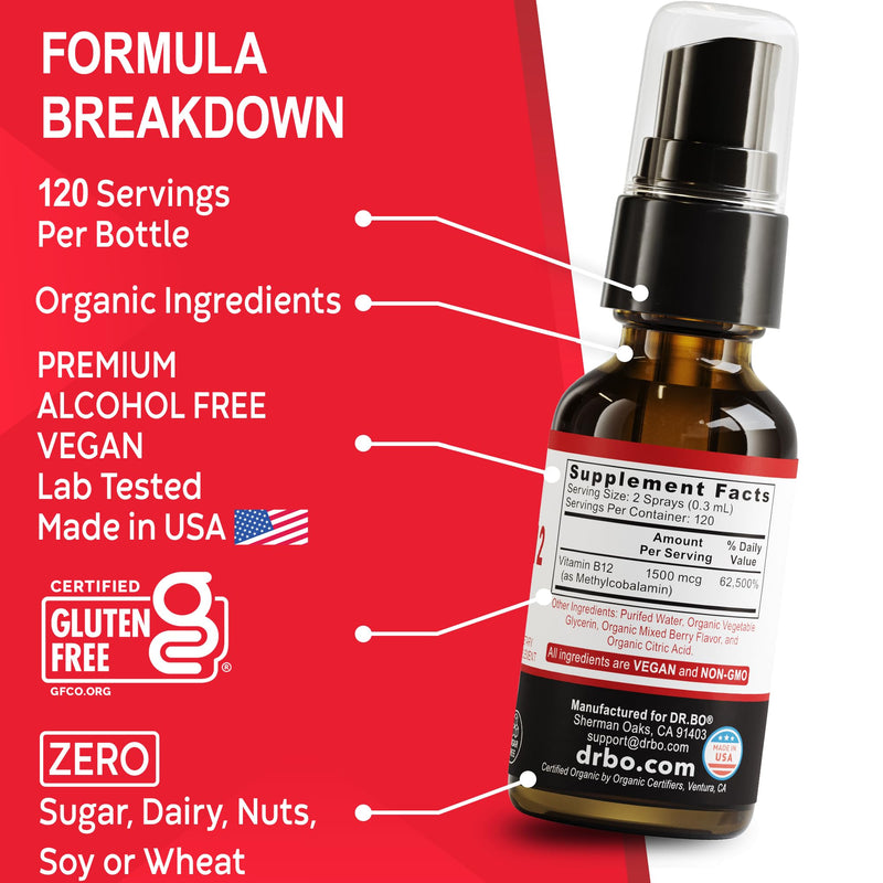 Vitamin B12 Liquid Spray Drops - Organic Liquid B12 Vitamins for Women, Men, Kids & Energy, Vegan Sublingual Methyl B 12 Spray Supplement - Organic Pure Methylcobalamin Vit B 12 Drops Vitamins 1 Fl Oz