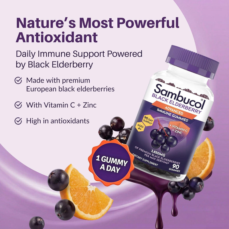 Sambucol Elderberry Gummies - Immune Support Supplement - 90 Count | Advanced Formula For Adults & Kids with Vitamin C & Zinc, Sambucol Elderberry are High in Antioxidants, Gluten Free, Vegan 90 Count (Pack of 1)