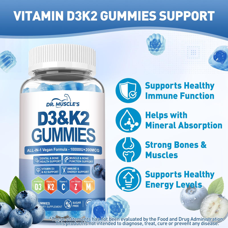 2-Pack Vitamin D3 K2 Gummies, D3 K2 Vitamin 10,000 IU & 200 MCG Supplement | Complex Calcium Citrate Zinc Vitamin C B6, Sugar-Free Vitamin D Supplement for Bones & Immune Support, 60 Blueberry Gummies 60 Count (Pack of 2)