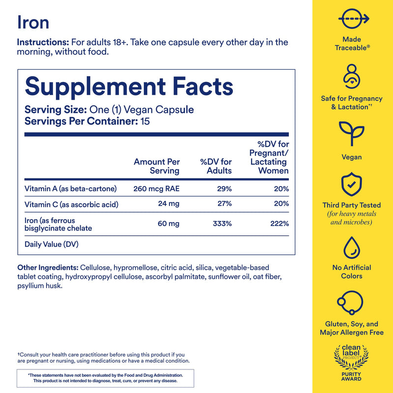 Ritual Iron Supplement to Support Low Iron Levels 60 mg | 48-hour Dosing Routine with BioSeries‚Ñ¢ Technology plus Vitamin A and C. Designed for Optimal Absorption and Minimal GI Discomfort* 15 Servings - BeesActive Australia