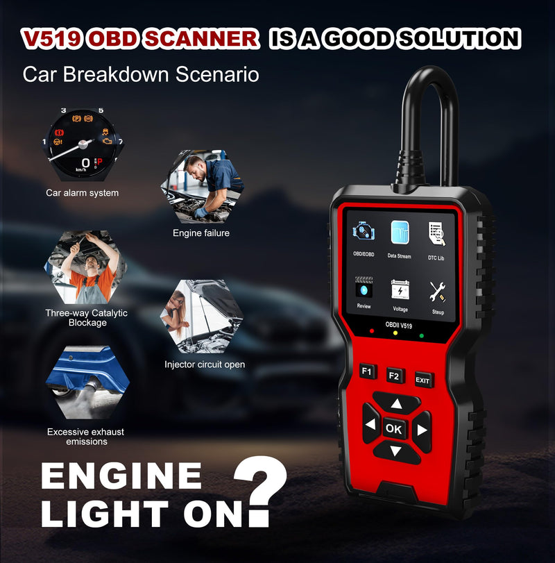 V519 OBD2 Diagnostic Scanner Tool - Vechicle Check Engine Light Code Reader with Battery Voltage Tester, I/M Readiness, Reset, and Code Eraser for All OBDII Car Since 1996 Red - BeesActive Australia