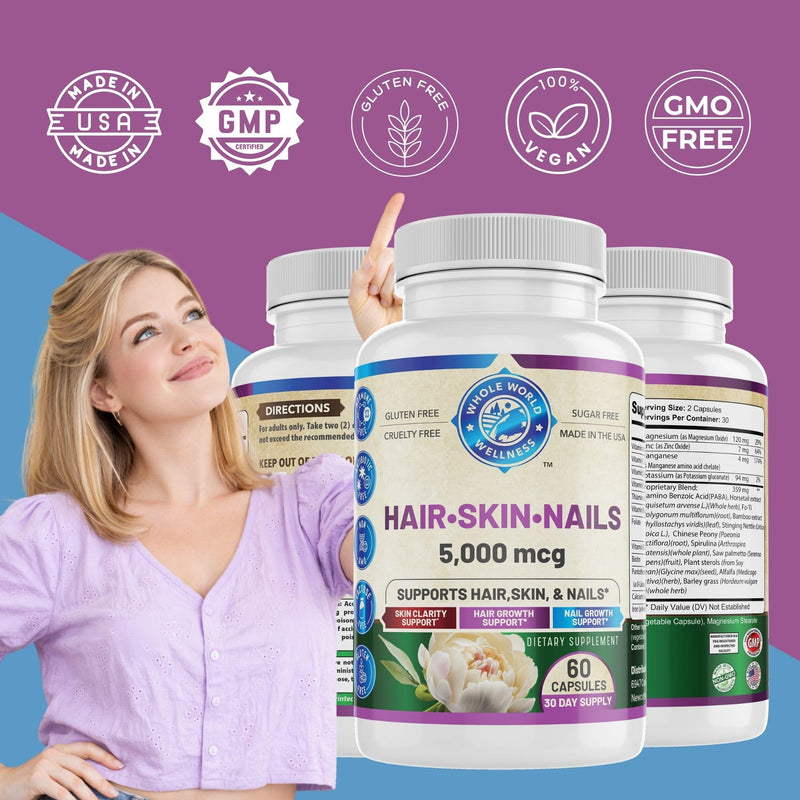Healthy Hair Skin and Nails Supplement for Women & Men | Supports Skin Clarity, Hair Growth, and Nail Strength | Biotin 5000mcg | 60 Capsules | Made in The USA.