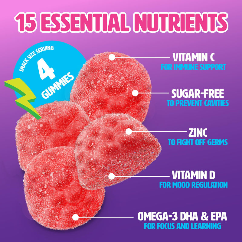Sugar-Free Kids Multivitamin Gummies Mixed Berries, 120 Count | Tasty, Kid-Approved, Omega-3, DHA, Immunity, Growth, Focus, Mood, Healthy, Clean, Slow-Crafted, No Artificial Color or Flavor