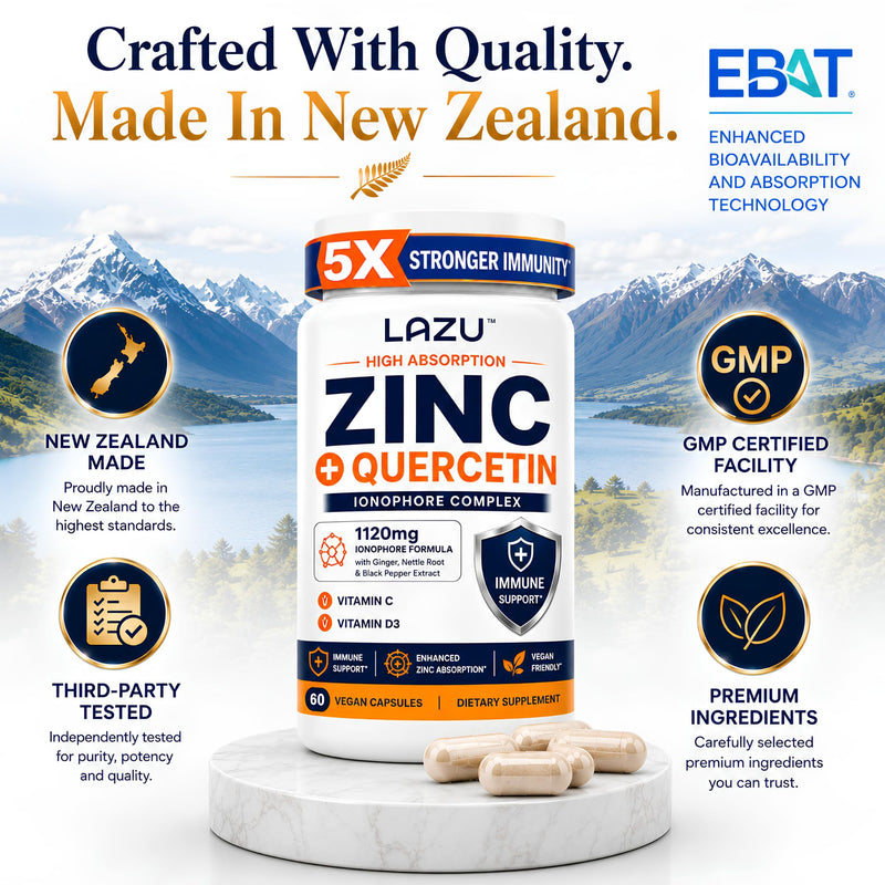 Lazu Zinc Supplements 5X Stronger Immunity, Quercetin, VIT C & D3, 60 Count | Advanced zinc supplement with quercetin, vitamin C and vitamin D3 to support daily immune health and wellness.