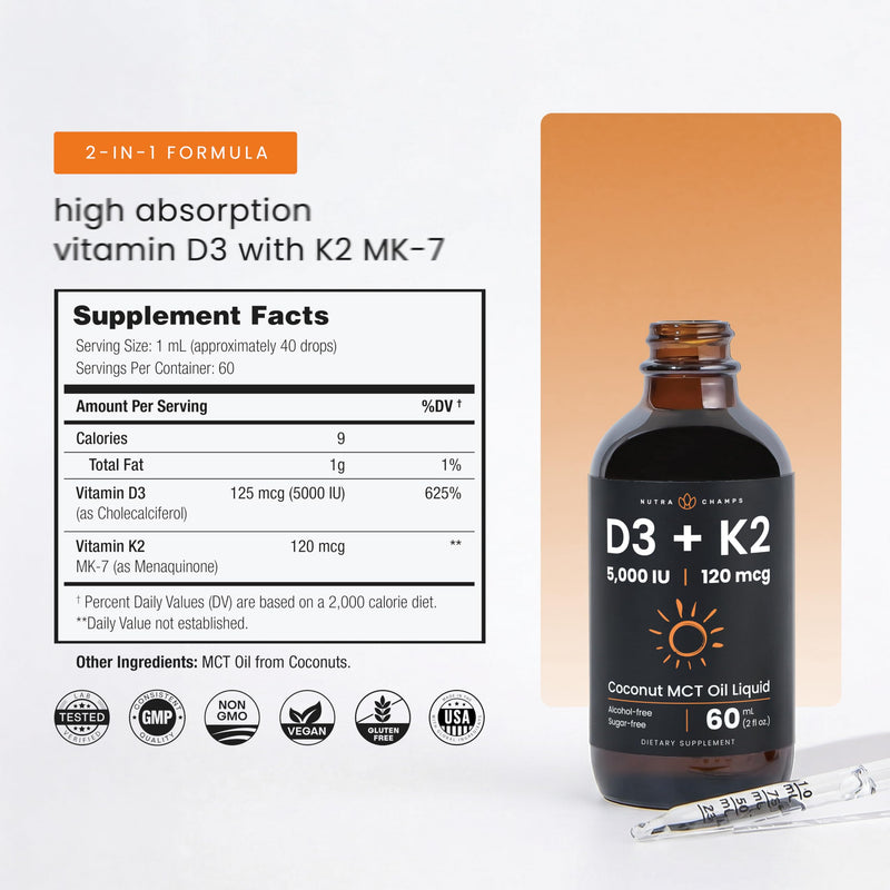 NutraChamps Vitamin D3 K2 Drops, Liquid Vitamin D3 5000 IU & K2 D3 with MK7, Vitamin D Drops for Kids, Bones, Heart & Immune Health, Liquid Vitamin D in MCT Oil for Better Absorption 2 Fl Oz (Pack of 1) Adults & Kids Drops