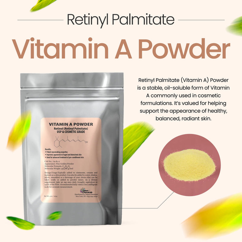 Vitamin A Powder Retinyl Palmitate, Pure Retinol Powdered Vitamin Water Soluble Vitamin A USP & Cosmetic Grade (4 oz. / 113 Grams) 4 Ounce (Pack of 1) - BeesActive Australia