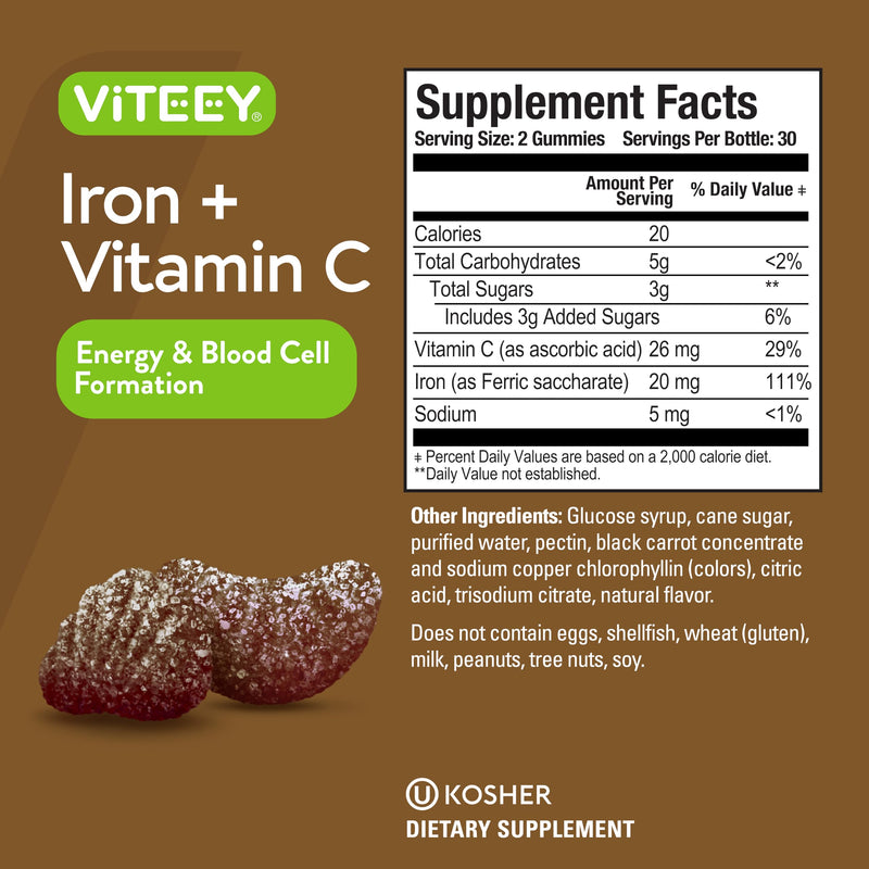 Viteey Iron Gummies - Iron with Vitamin C | Energy, Blood Support and Anemia Supplement for Women & Men - Vegan, Gluten Free - 120 Count 1 Count (Pack of 120)
