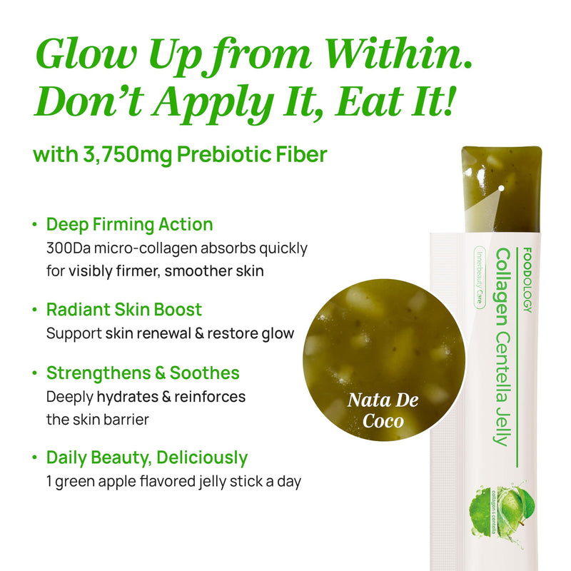 FOODOLOGY Coleology Centella Jelly Collagen Petide, Gree Apple, 10 Sticks | PDRN, Biotin & Hyaluronic Acid, Vitamin for Skin Glow, Hair & Nail Support, Korean Jelly Collagen Sticks Green Apple 10 Count (Pack of 1)