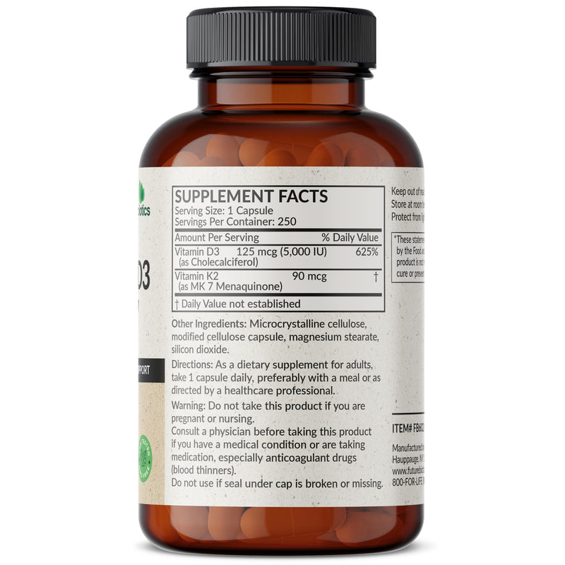 Futurebiotics Vitamin K2 MK-7 90 mcg + D3 5000 IU, 250 Vegetarian Capsules | 2-in-1 Bone, Immune & Heart Health Support, Helps Transport Calcium to Bones, Non-GMO, Gluten-Free & Soy-Free 250 Count (Pack of 1)