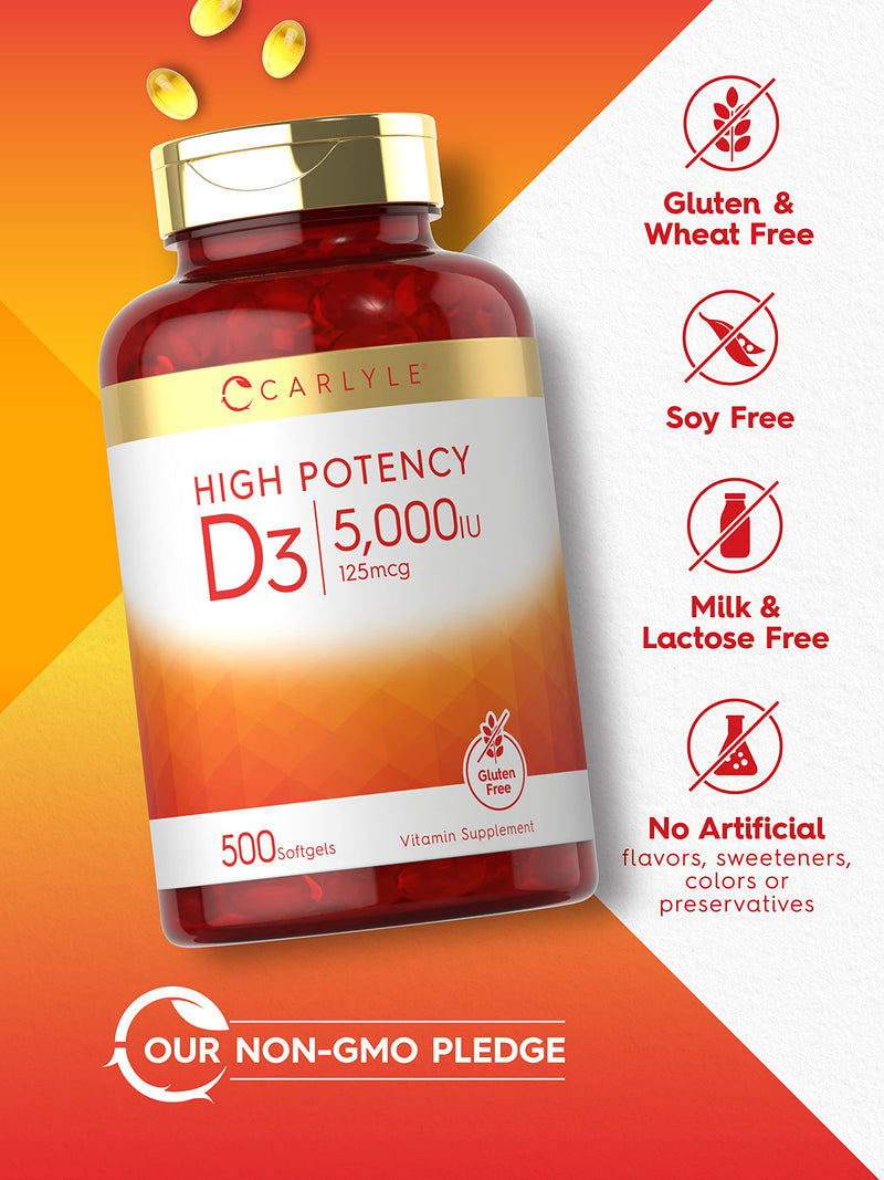 Carlyle Vitamin D3 5000 IU Softgels | 500 Count | Value Size | Non-GMO and Gluten Free Supplement | High Potency Formula | 125mcg 500 Count (Pack of 1) - BeesActive Australia