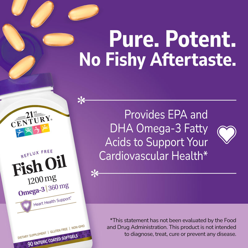 21st Century Fish Oil 1200mg Enteric Coated Softgels, Omega-3, 90 Count | Omega-3 Fish Oil 1200 mg with 360 mg EPA & DHA, Heart Health Support, Enteric-Coated & Easy to Digest, 90-count Softgels 90 Count (Pack of 1)