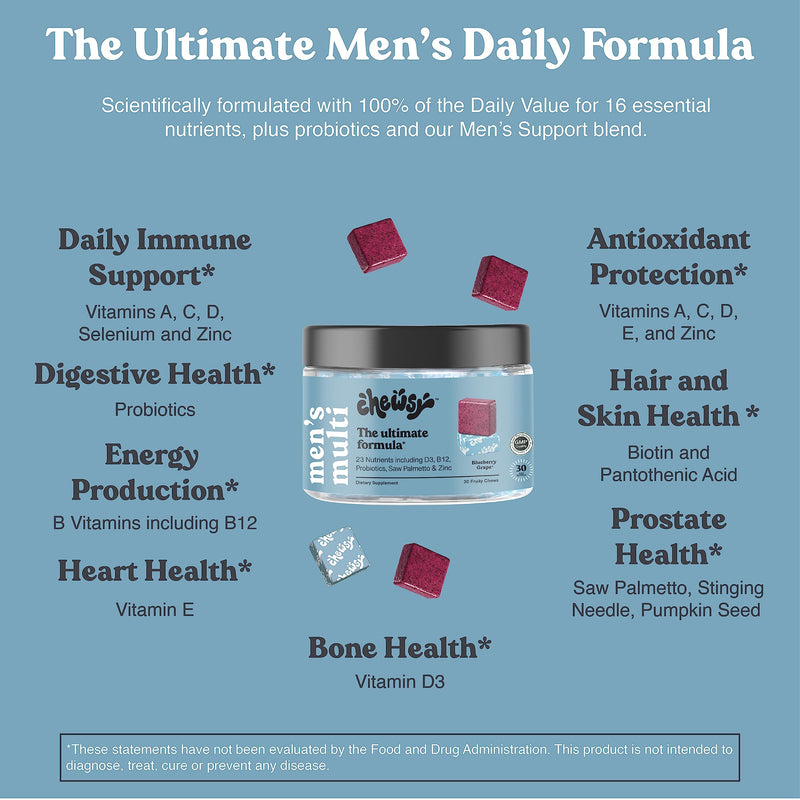 Chewsy - Men's Multivitamin Chews - Immune and Energy Support, Vitamin A, B12, C, D3, E, Probiotics, Saw Palmetto, Zinc - 6-Day Supply Men's Multi 6 Count (Pack of 1)