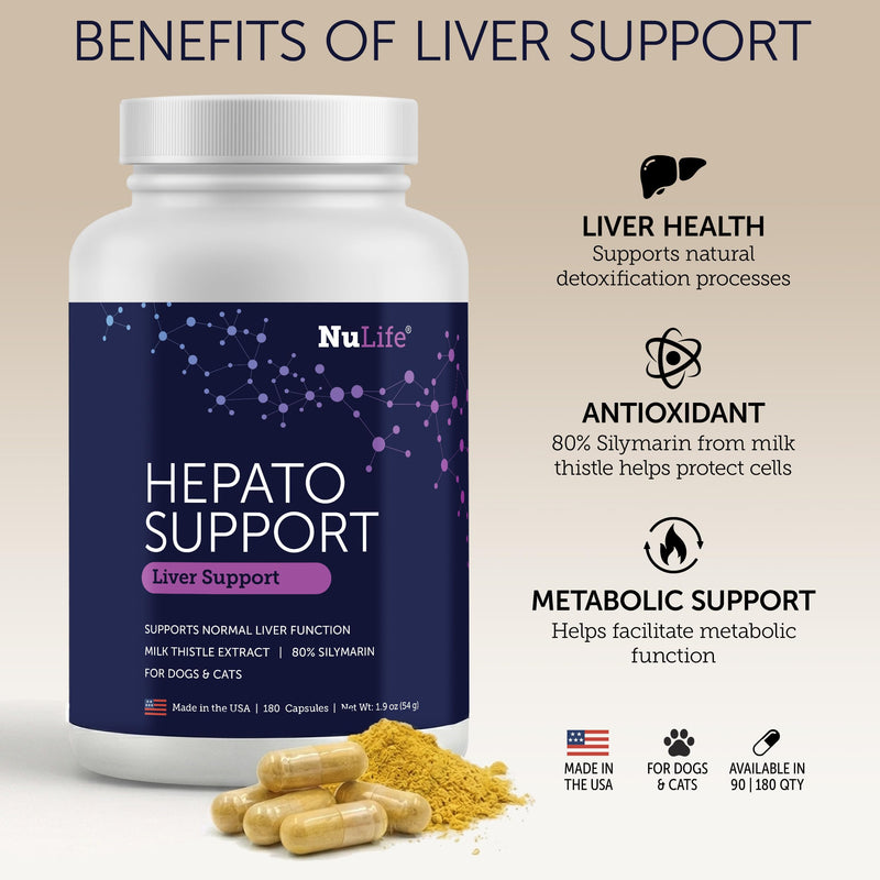 NuLife Hepato Support - Liver Support for Dogs and Cats with Silymarin - Contains Milk Thistle for Dogs & Cats and Vitamin B Complex (B1, B2, B6, B12) - Promotes Canine & Feline Hepatic Health - 180ct