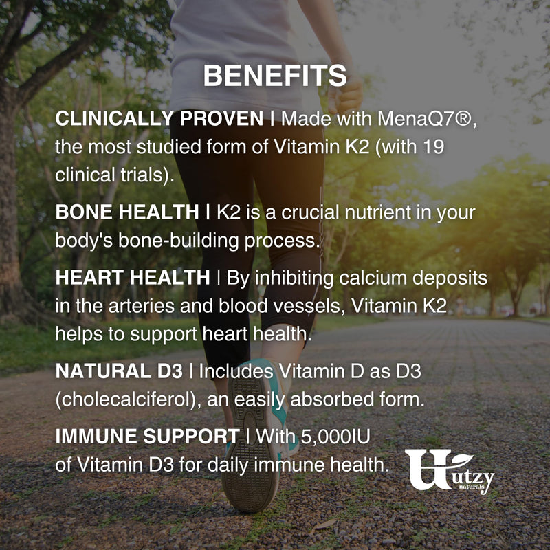 Utzy Naturals Vitamin K2 + D3 | High Dose K2 | 45 mcg of MenaQ7 Form of K2 | 5,000 IU D3 Cholecalciferol Form | Made in USA | 60 Servings