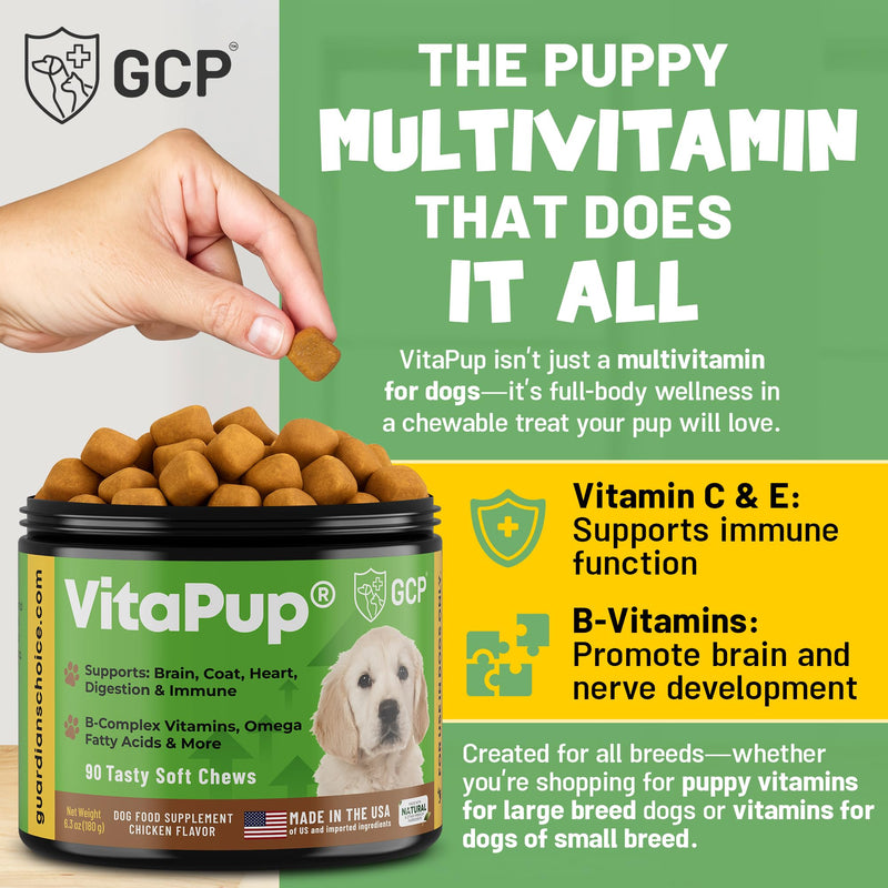 Guardian’s Choice VitaPup Puppy Vitamins Chews, Dog Vitamins for Growth, Digestion, Coat, Brain & Immune Support, Daily Multivitamin for Dogs with Omega 3, Biotin, & Calcium, 90 Tasty Soft Chews