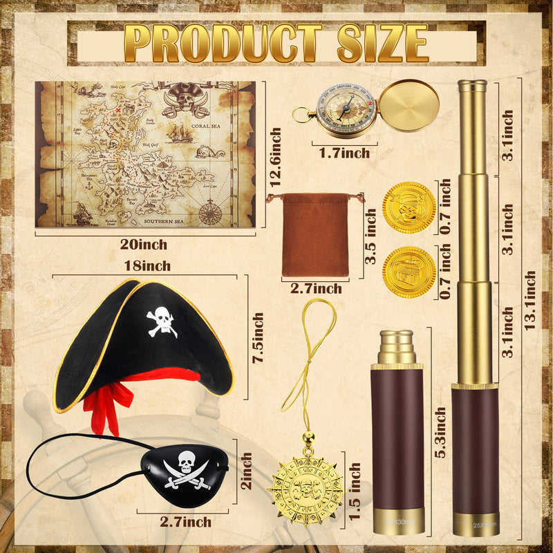 17 Piece Pirate Monocular Telescope Pirate Treasure Map Eye Patch Hat Pocket Compass Necklace Plastic Coins with Velvet Bag for Party Supplies