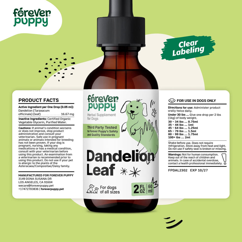 Forever Puppy Dandelion Leaf Drops for Dogs - Kidney Health Liquid Supplement for Large, Medium & Small Dogs - Kidney Cleanse Detox Drops w/Dandelion Leaves Tincture - 2 oz 2 fl oz