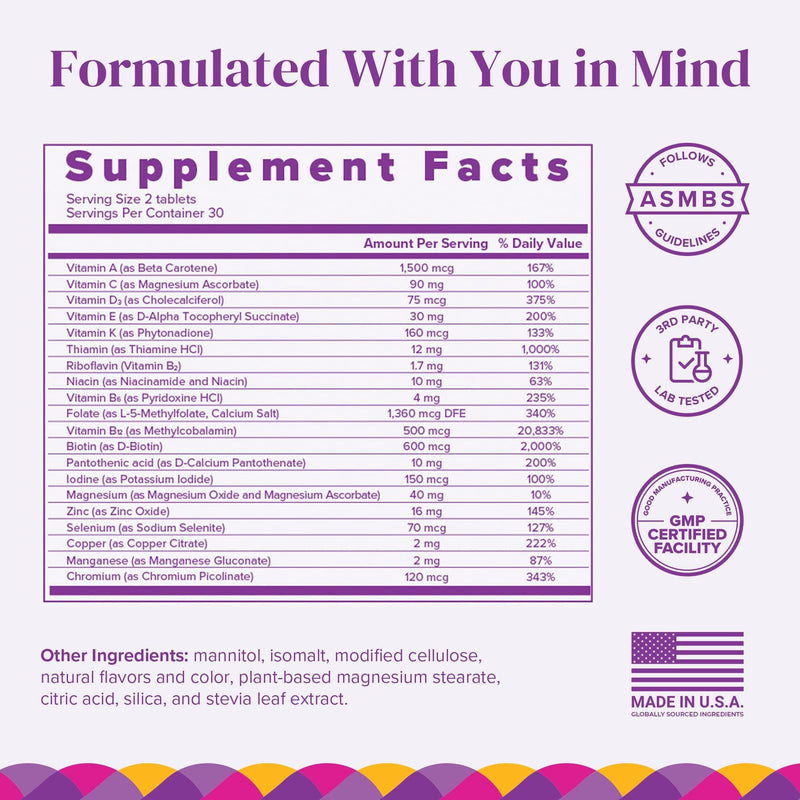 BariMelts Multivitamin, 120 Fast-Dissolving Tablets (2-Month Supply), Sugar-Free Bariatric Multivitamin for Women, Natural Fruit Flavor 60 Count (Pack of 2)