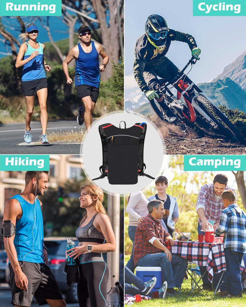 Running Vest Hydration Backpack with 2L Water Bladder, Ideal for Men and Women in Cycling, Hiking, and Outdoor Activities Lightweight Breathable Mesh, Adjustable Straps, Night Reflective Tech Black