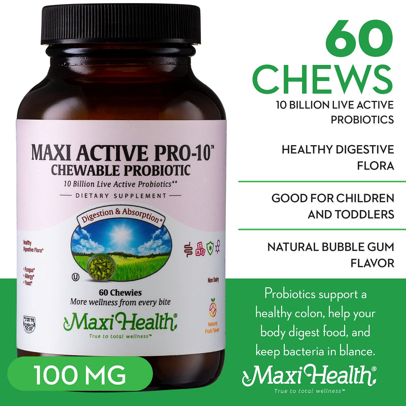 Maxi Health® Probiotics for Kids, 10 Billion CFU (60 Count) | Kosher | 15-Strain Kids Probiotic | Fruit Punch Chewables for Digestive Health | Vegetarian · Non-GMO | Doctor Formulated 60 Count (Pack of 1)