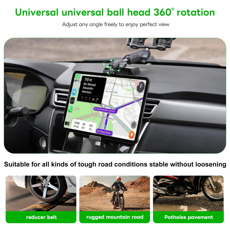 FANAUE 17mm Ball Head iPad Stand for Tripod Mount, Compatible with Double Socket Arm and Car Mount, 360° Rotatable Tablet Holder for Desk Vehicles Dashboar, Supports 5.5-12.9" iPad Install