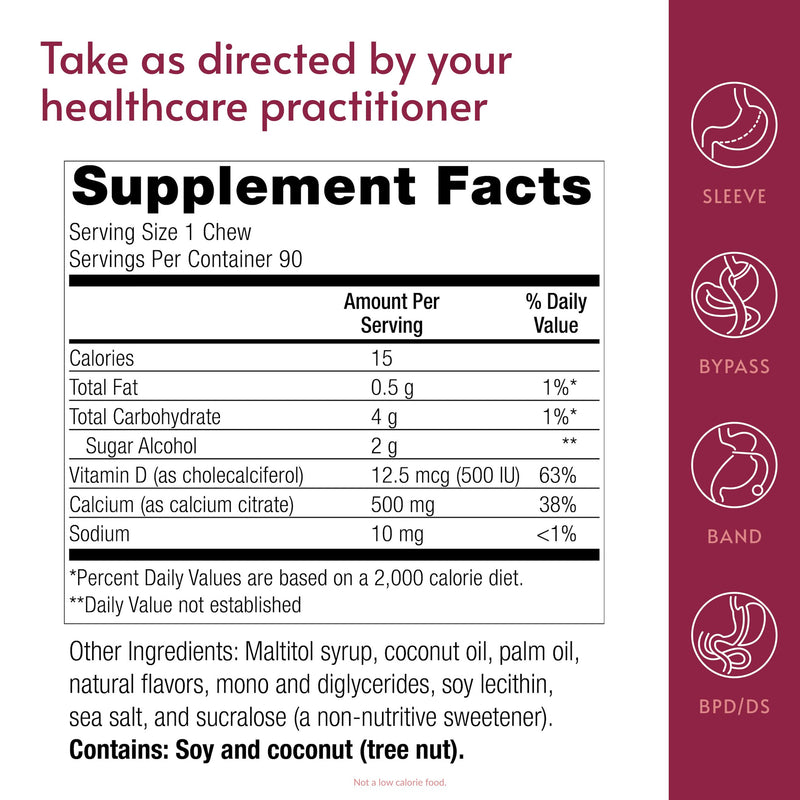 Bariatric Advantage Calcium Citrate Chewy Bites, Coconut Flavor, 90 Ct | 500 mg Calcium Citrate, Highly Absorbable and Digestible, with Vitamin D3, Easily Chewable Calcium Supplement
