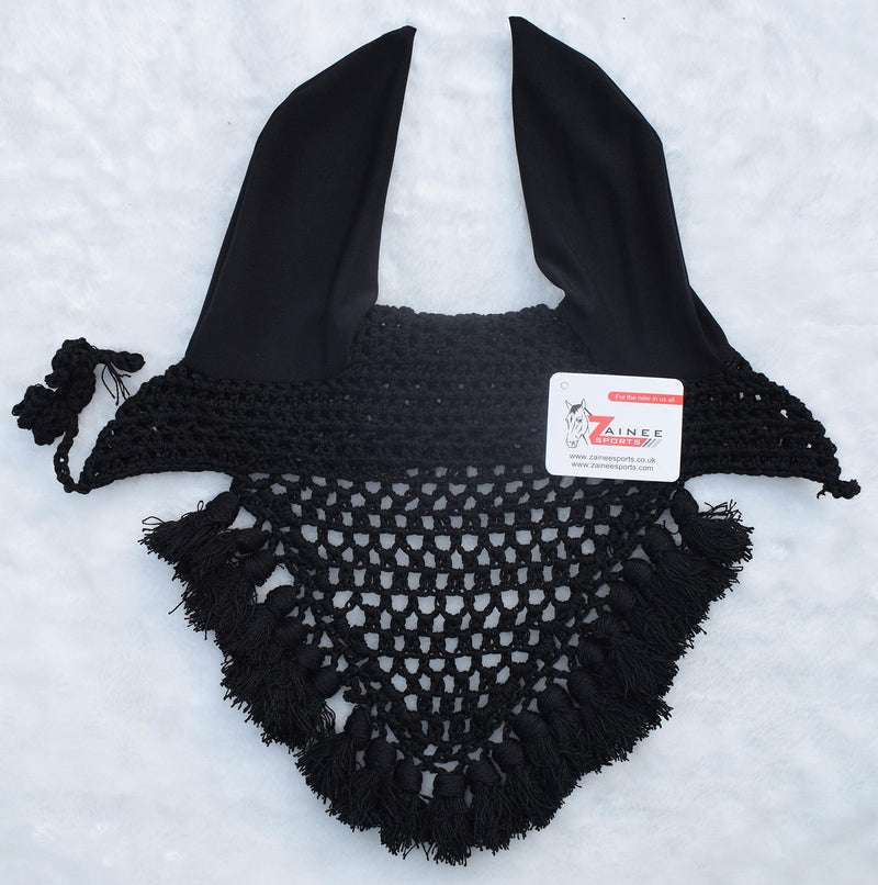Horse Fly Bonnet Fringe Ear Nets Ear Cover Hat Hood Mask Flyveil Full Light Weight Handmade Polyester Full (Horse/Full, Black) HORSE / FULL - BeesActive Australia