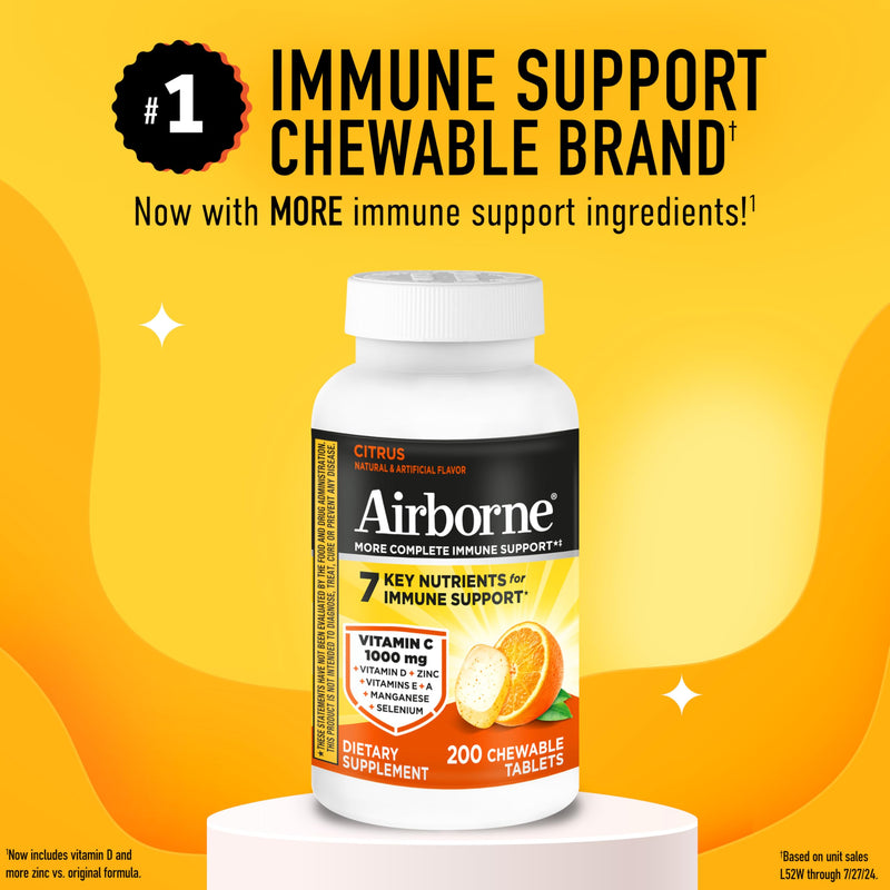 Airborne 1000mg Vitamin C Immune Support Citrus Chewable Tablets, 200ct | Antioxidants Vitamins A, D & E + Zinc, Selenium, and Manganese, Herbal Blend, Multivitamin Supplements, Immune Health, Tasty 200 Count (Pack of 1)