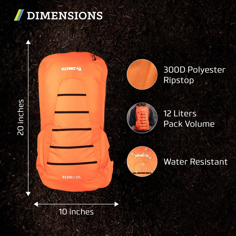 KLYMIT Echo 12L Hydration Pack | Hiking Backpack with 3 Liter Hydration Bladder and Large Storage Compartment — Orange/Black - BeesActive Australia