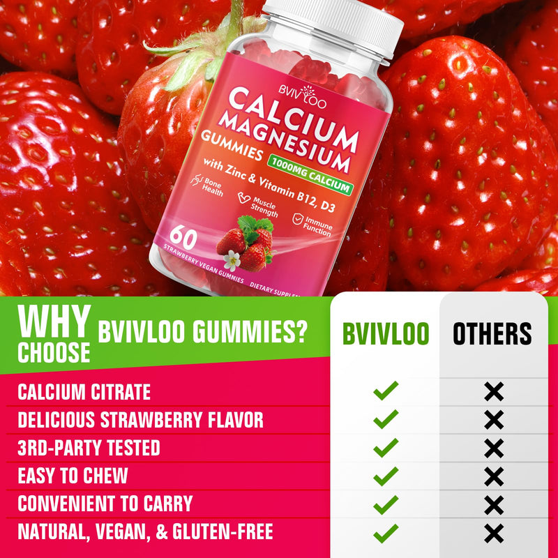 Calcium Gummies 1000mg with Vitamin D3 K2 & B Complex, Potassium, Calcium Magnesium Zinc Gummies for Bone, Muscle, Mood and Immunity - Vegan, Non-GMO, Strawberry Flavor 120 Count 2 Pack (120 Count)