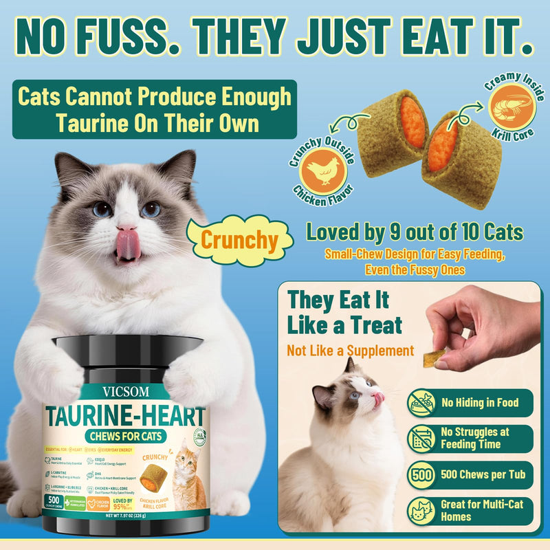 Cat Taurine Supplement Bundle, 2 Pack Cat Multivitamin & CoQ10 Treats, 1000 Chicken & Krill Crunchy Chews for Heart, Vision, Immune, Digestion, Skin & Coat, Daily Vitality Support for Adult & Senior C