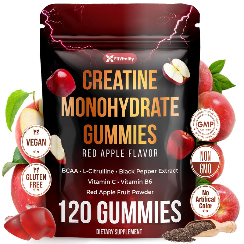 120 Creatine Monhydrate Gummies. W/ Vitamin C & B6, Black Pepper, Red Apple | Vegan, Non-GMO, Sugar-Free. Creatine Monohydrate Gummies 120 Count (Pack of 1)