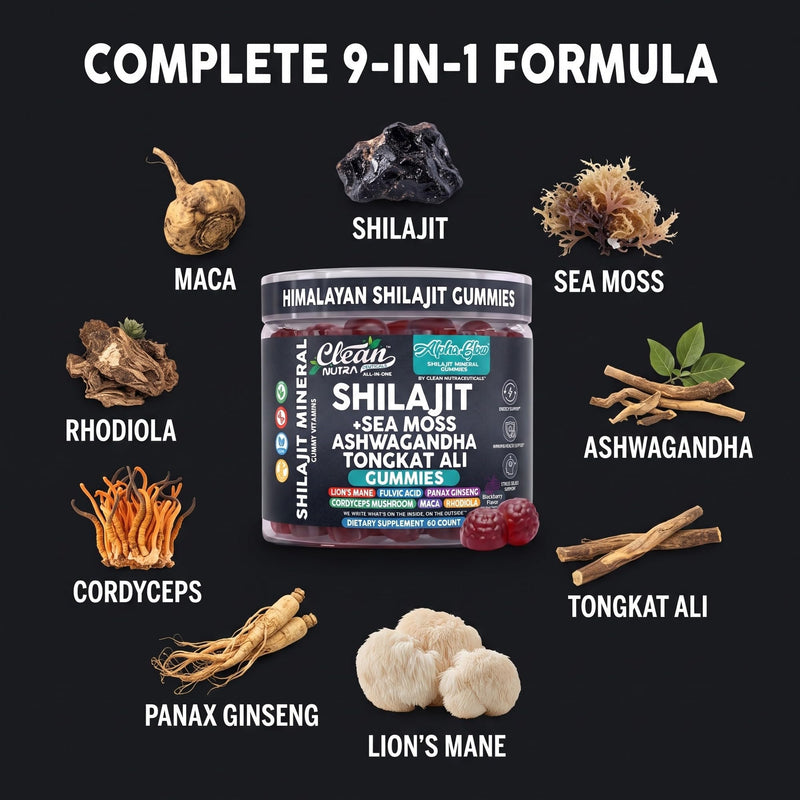 Alpha Glow Shilajit Gummies with Irish Sea Moss Tongkat Ali Ashwagandha Lion's Mane MACA Panax Ginseng Rhodiola & Cordyceps By Clean Nutra (1) 1