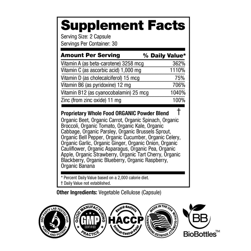 FEEL GOOD Superfoods 1000mg Immune Support Capsules Made with 25 Organic Fruits and Vegetables, Strong Immunity Boosters with Vitamins A, C, D3, and Zinc, 60 Count Vita Extra Strength - 60 Count