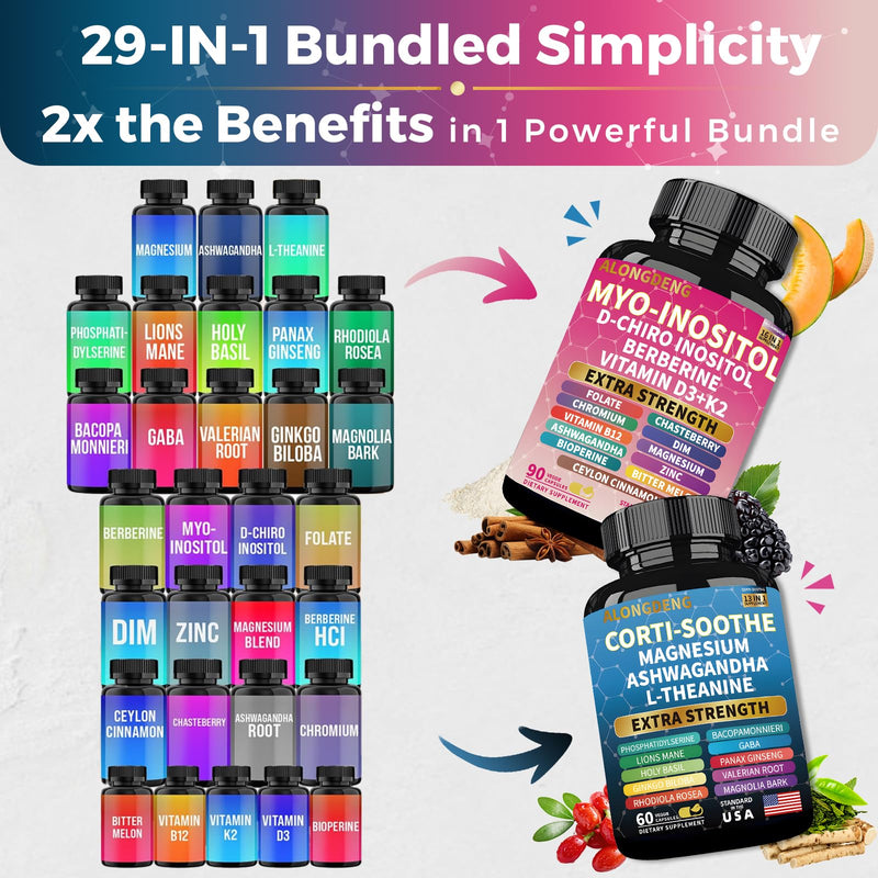 Soothe-Smooth Bundle,Soothe & Smooth Bundle Multivitamin Combo, Cortisol Support Myo-Inositol Multivitamin Combo with Magnesium Glycinate, Ashwagandha, L-Theanine & Herbal Blend - D