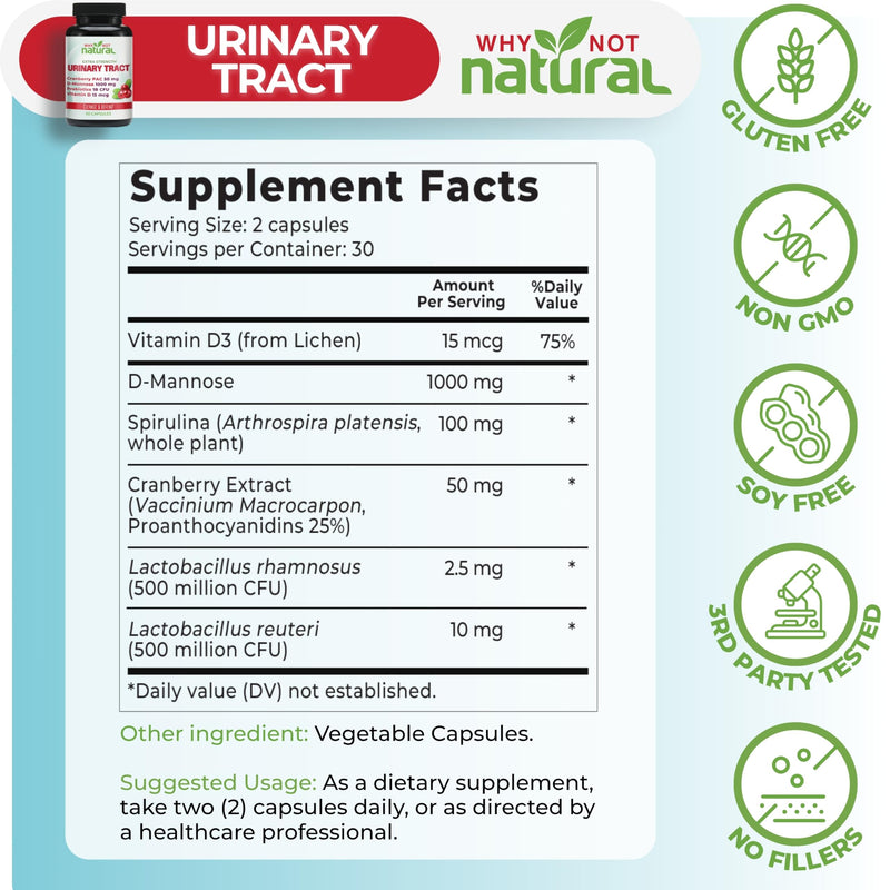 Why Not Natural 5-in-1 UTI Pills with D Mannose, Cranberry PAC Extract, Probiotics and Vitamin D - Urinary Health Formula for Women and Men - BeesActive Australia