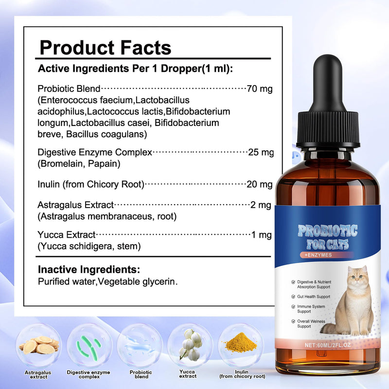 Cat Probiotics for Digestive Support - 60ml Probiotic for Cats with Digestive Enzymes & Prebiotics Supports Gut Health, Immune System 1