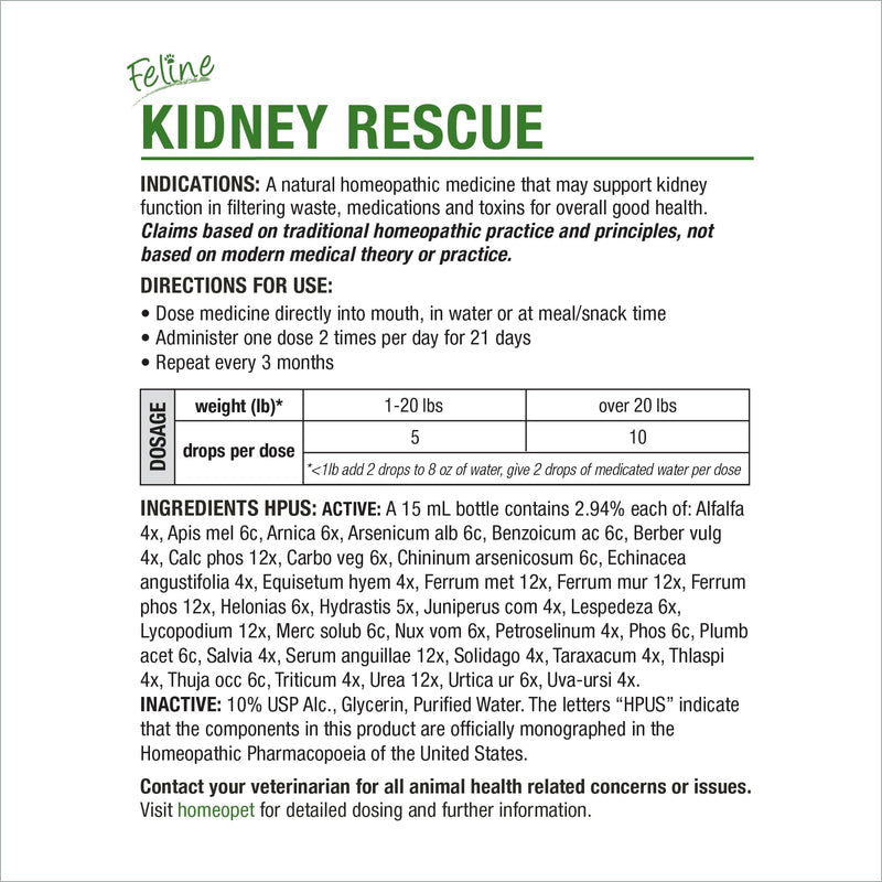 HomeoPet Feline Kidney Rescue, Safe and Natural Renal Supplement for Cats and Kittens, 15 Milliliters