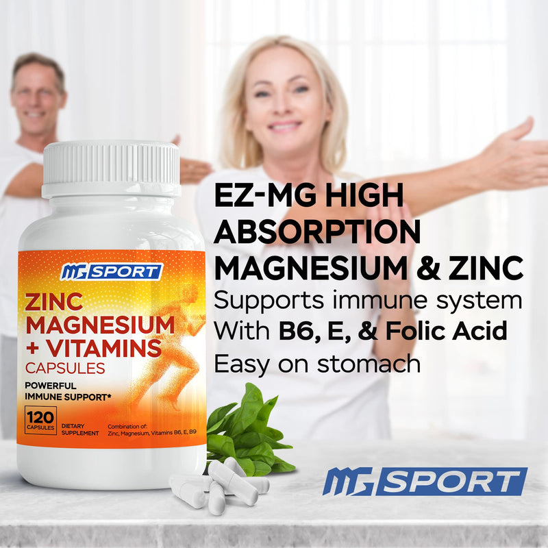 MgSport ZMA Supplement, 120 Capsules | Clinically Tested Zinc Magnesium, High Absorption, Enhanced with Vitamins B6 B9, Muscle Recovery, Gentle on Stomach Formula