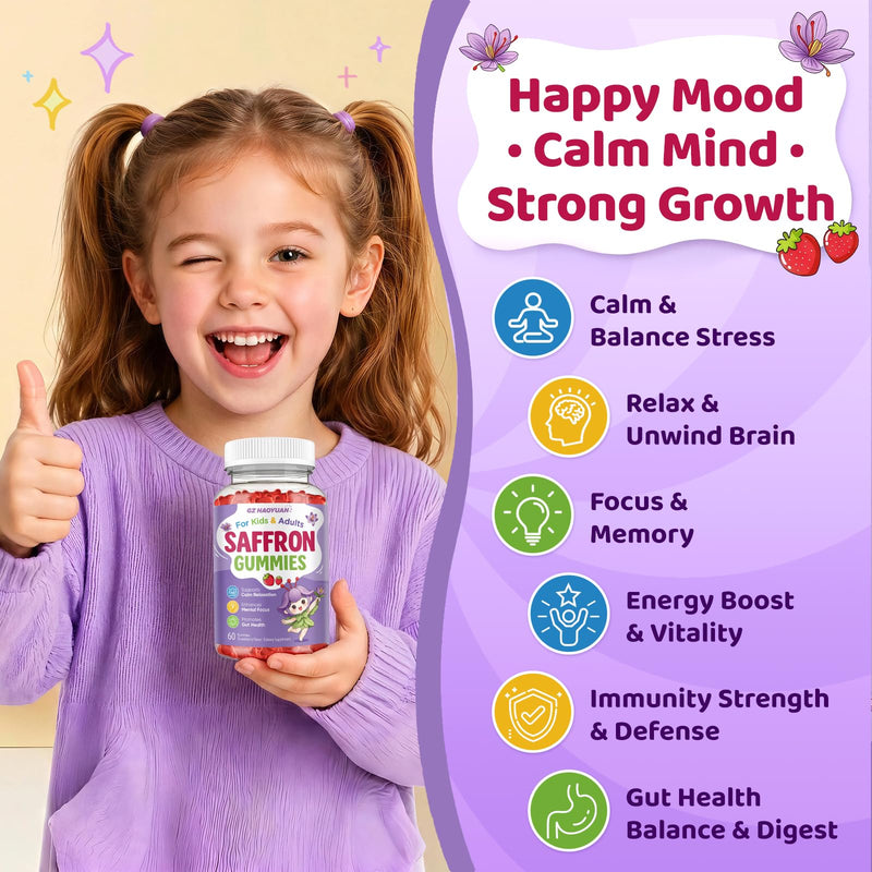 Saffron Gummies for Kids & Adults, 21-in-1 Saffron Supplements with 100mg Saffron Extract, L-Theanine, Magnesium, Omega-3, GABA, D3, B6, B12 & C, Supports Mood, Focus & Gut Health, Sugar-Free, Vegan Strawberry 60 Count (Pack of 2)