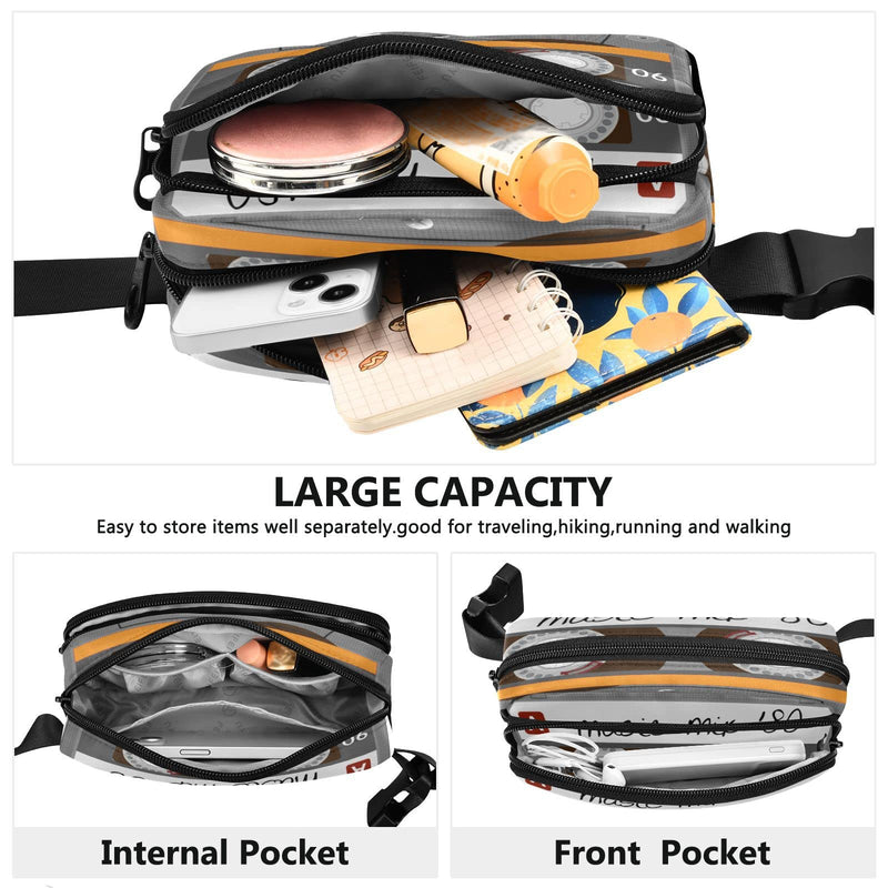 Exnundod Unique Music Mix 80s Tape Fanny Waist Pack for Women Men, Retro Cassette Crossbody Pack with Adjustable Strap Belt Bag Hip Bum Bag for Running Hiking Cycling Traveling Music Tape