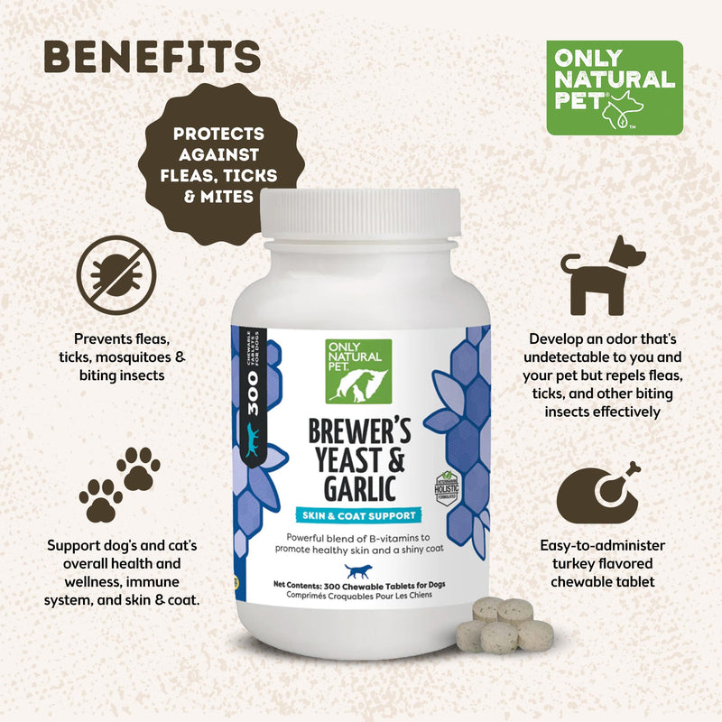 Only Natural Pet Brewer's Yeast & Garlic Chewables - All-Natural Flea & Tick Prevention for Dogs - Fortified with B Vitamins - Promotes Healthy Skin & Coat - 300 Count Tablet (2 Pack) Pack of 2 - BeesActive Australia
