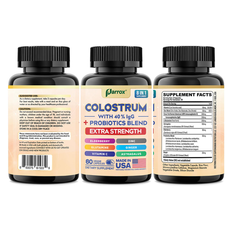 Colostrum Supplement Capsules, Grass Fed 40% IgG, 8-in-1, 180 Capsules | 8-in-1 Bovine Boost with Probiotics, Elderberry, Astragalus, Zinc, Ginger, Vitamin C & L-Glutamine 180 Count (Pack of 1)