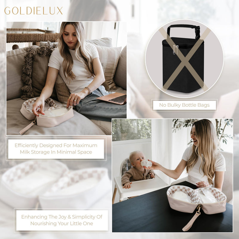 Breast Milk Cooler Travel Bag - Waterproof Breastmilk Storage Bag Cooler w/Ice Pack, Checkerboard Interior, Leather Strap, & More – Versatile Insulated Cooler Bag - Ideal Baby Travel Essentials (Nude) Nude - BeesActive Australia