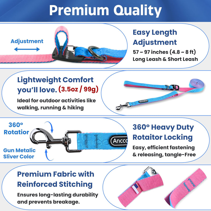 Anccoplus Hands Free Dog Leash, Multifunctional Crossbody Running for Dogs, Ultra-Light Dog Training Leash with Secure Clip, Short & Long Leashes, Adjustable Service Dog Leashes (Aqua Pink) Aqua Pink