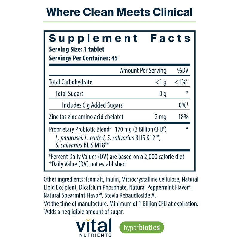 Hyperbiotics Vital Nutrients Pro Dental Probiotic | Clinically Studied BLIS K12 and M18 | Oral Probiotics for Bad Breath treatment for adults | Oral Health for teeth and gums | 45 Mint Tablets 45 Count (Pack of 1) - BeesActive Australia