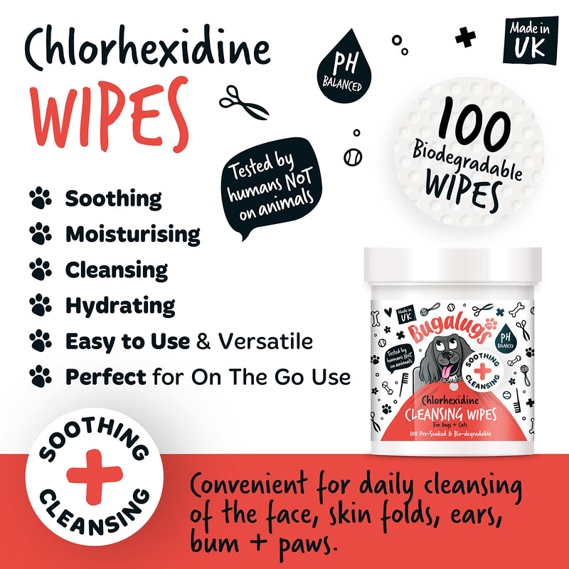 BUGALUGS Dog Wipes for pawly skin - 100 Biodegradable dog grooming pet wipes. Use as Dog ear wipes, dog eye wipes, dog face wipes, Paw & Bum wipes for puppy, dogs & cat grooming